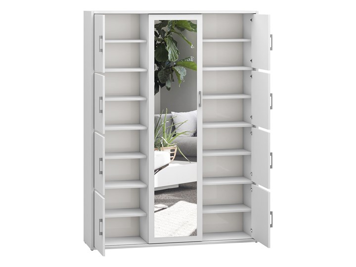 Biała szafa przesuwna z lustrem na buty MKS 02 140 cm do przedpokoju Tworzywo sztuczne Drewno Płyta laminowana Płyta MDF Stal Wysokość 205 cm Rodzaj frontów Mat