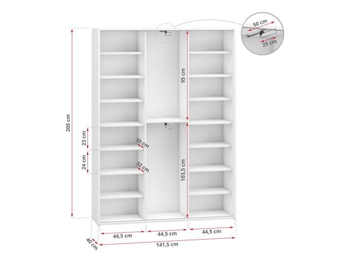 Biała szafa przesuwna z lustrem na buty MKS 02 140 cm do przedpokoju Płyta MDF Stal Wysokość 205 cm Tworzywo sztuczne Drewno Płyta laminowana Kolor Biały
