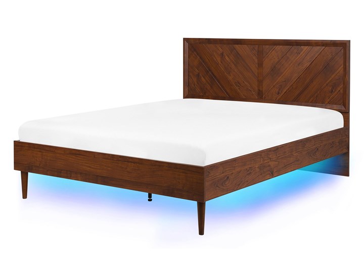 Łóżko LED ze stelażem ciemne drewno 140 x 200 cm wysokie wezgłowie kolorowe oświetlenie rustykalny design ramy Kategoria Łóżka do sypialni Łóżko drewniane Kolor Brązowy