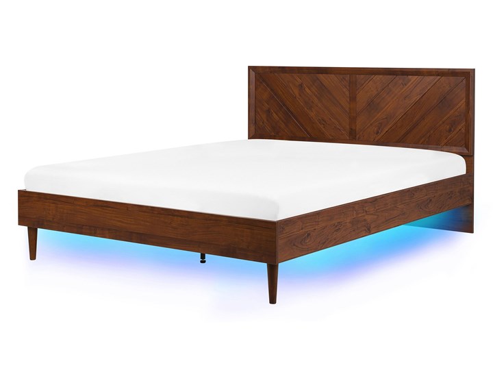 Łóżko LED ze stelażem ciemne drewno 180 x 200 cm wysokie wezgłowie kolorowe oświetlenie rustykalny design ramy Łóżko drewniane Kolor Brązowy