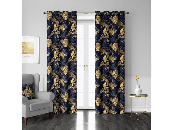 Zasłony złote Liście Monstera na granatowym tle BG-102 Poliester 32x140 cm Zasłona zaciemniająca Mocowanie Kółka