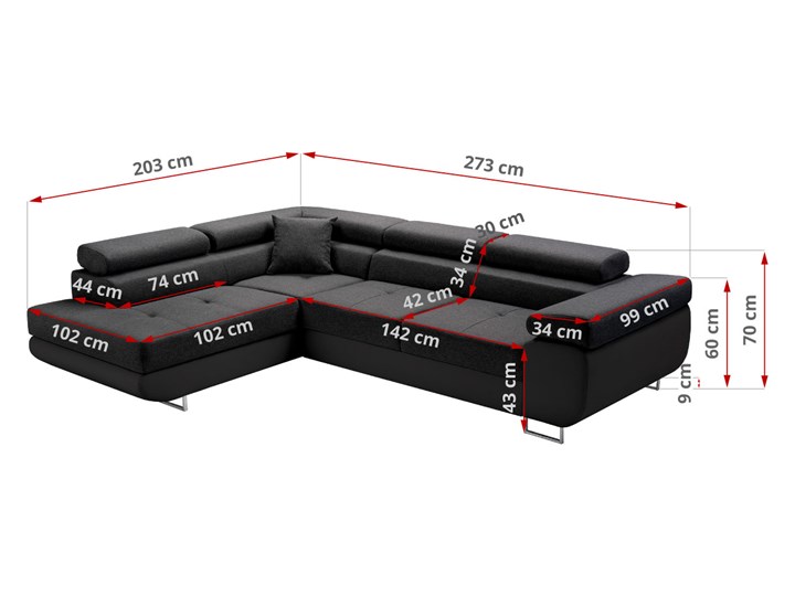 Ciemny narożnik ASTON z pojemnikiem, wolnostojący Głębokość 203 cm Lewostronne Wysokość 70 cm Szerokość 273 cm Funkcje Z pojemnikiem na pościel