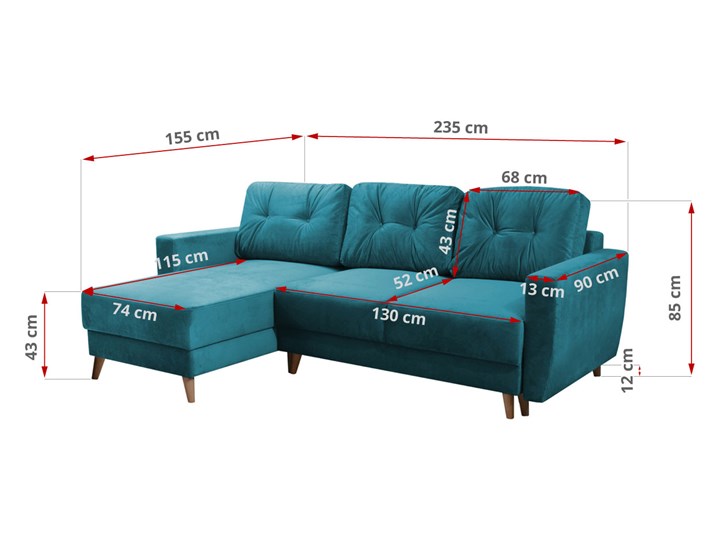 Uniwersalny, skandynawski narożny wypoczynek - lazurowy Lewostronne Wysokość 85 cm Głębokość 155 cm Szerokość 235 cm Kategoria Narożniki
