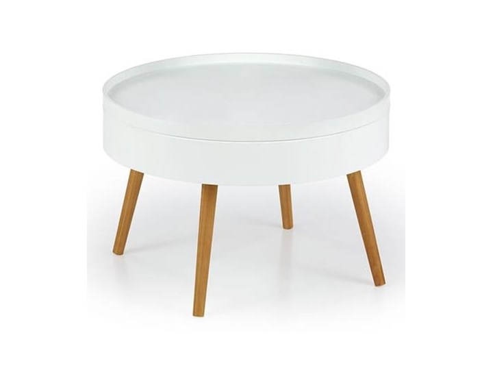 Biały okrągły stolik kawowy ze schowkiem 60 cm ława Wysokość 40 cm Rozmiar blatu 60x60 cm Zestaw stolików Drewno Płyta MDF Styl Skandynawski