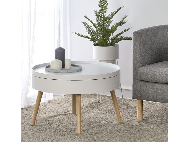 Biały okrągły stolik kawowy ze schowkiem 60 cm ława Wysokość 40 cm Zestaw stolików Drewno Płyta MDF Styl Skandynawski