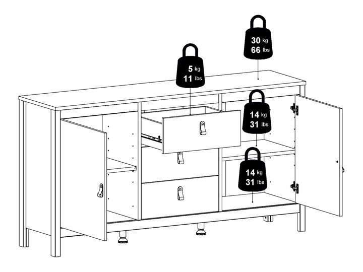 Komoda pokojowa z szafkami i szufladami Madrid 3+2 biały mat Głębokość 38 cm Płyta MDF Wysokość 80 cm Szerokość 151 cm Styl Prowansalski