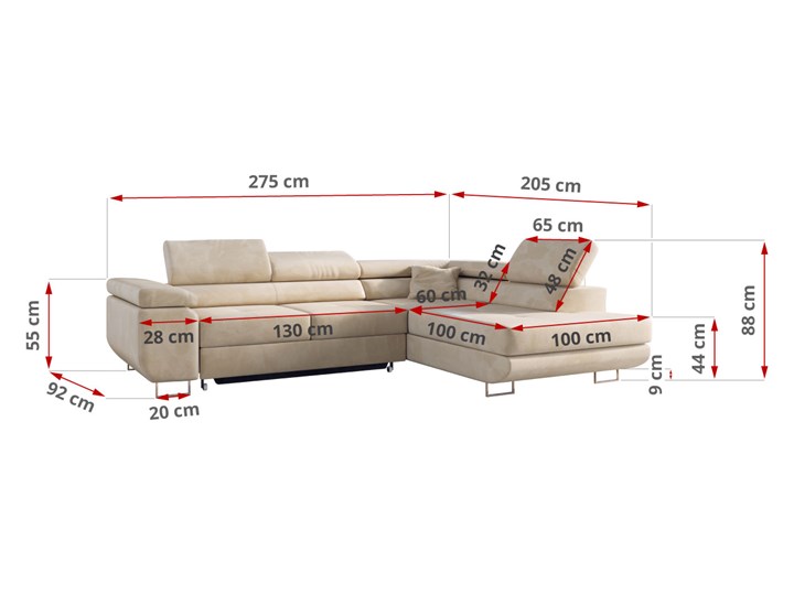 Nowoczesny narożnik Gustaw do salonu z rozkładaną funkcją spania Materiał obicia Tkanina Szerokość 275 cm Wysokość 68 cm Prawostronne Głębokość 205 cm Materiał obicia Welur