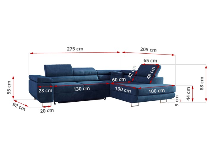 Narożnik do salonu Gustaw z funkcją spania i regulowanymi zagłówkami - Granatowy Wysokość 68 cm Szerokość 275 cm Głębokość 205 cm Prawostronne Kategoria Narożniki