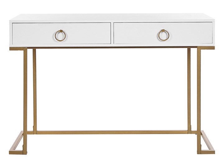 Beliani Konsola biała matowa 2 szuflady 77 x 115 cm złota metalowa podstawa elegancka toaletka biurko w stylu glamour Płyta MDF Stal nierdzewna Z szufladą Pomieszczenie Sypialnia