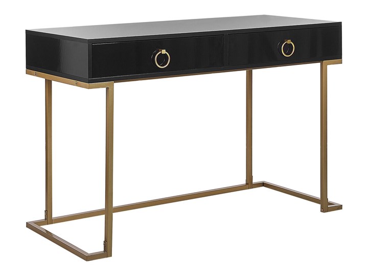 Beliani Konsola czarna matowa 2 szuflady 77 x 115 cm złota metalowa podstawa elegancka toaletka biurko w stylu glamour Stal nierdzewna Płyta MDF Głębokość 50 cm Wysokość 77 cm Z szufladą Kolor Czarny