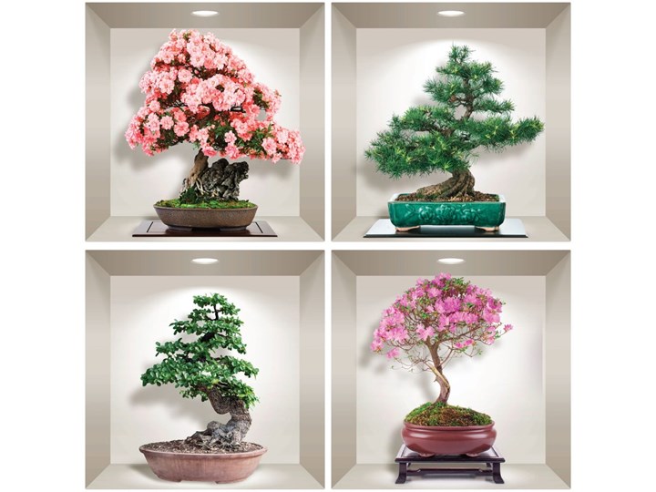 Komplet 4 naklejek ściennych 3D Ambiance Bonsai of Seasons Na ścianę Kolor Różowy