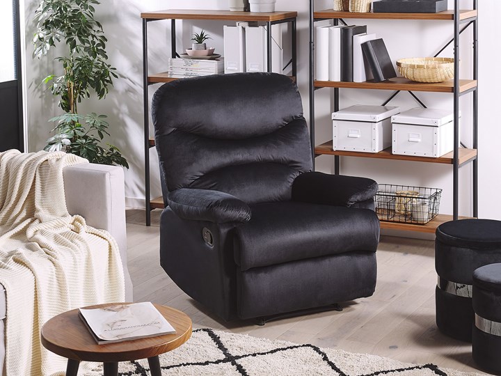 Rozkładany fotel telewizyjny czarny tapicerownany welurem rozkładane oparcie i podnóżek retro design Fotel inspirowany Styl Vintage Fotel rozkładany Tkanina Metal Tworzywo sztuczne Styl Nowoczesny