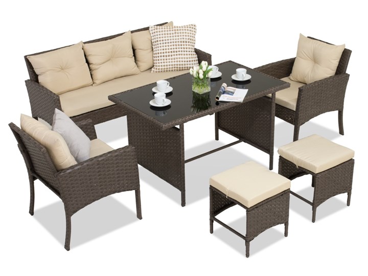 Brązowy zestaw z technorattanu z pufami Bari Garden Point Tworzywo sztuczne Stal Zestawy wypoczynkowe Zawartość zestawu Sofa
