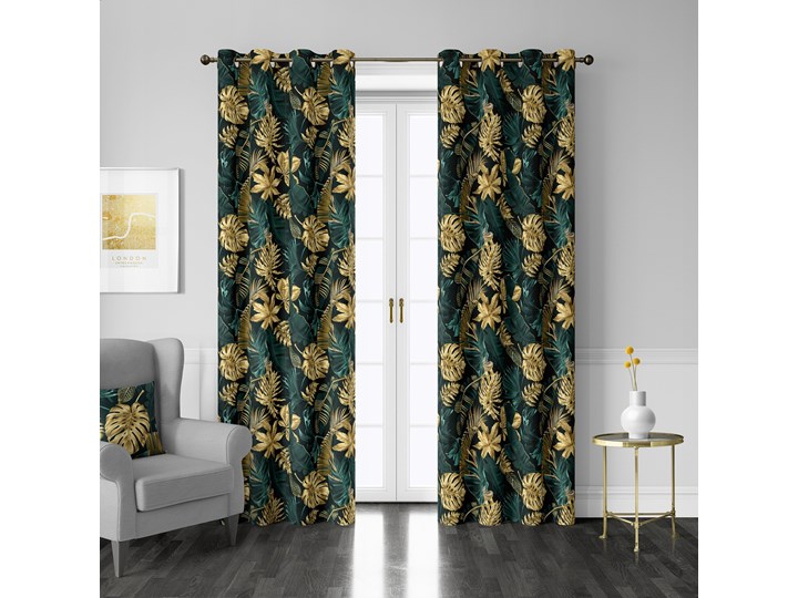 Zasłony złote Liście Monstera butelkowa zieleń BG-103 Zasłona zaciemniająca Typ Zasłony gotowe Poliester 32x140 cm Mocowanie Taśma