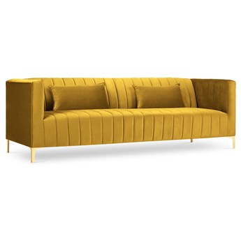 Sofa 3 osobowa welurowa żółta nogi złote 220x85 cm