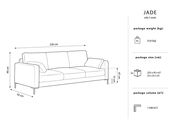Sofa 3-os. Jade 220x90 cm srebrna Stała konstrukcja Boki Z bokami Typ Gładkie