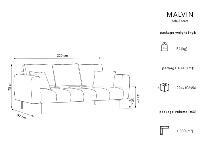 Sofa 3-os. Malvin 220 cm różowa nogi złote Stała konstrukcja Materiał obicia Tkanina