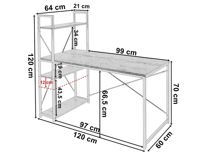 Biurko loftowe z półkami z nadstawką loftowe Trosa Głębokość 60 cm Biurko z nadstawką Stal Szerokość 120 cm Biurko komputerowe Metal Styl Nowoczesny