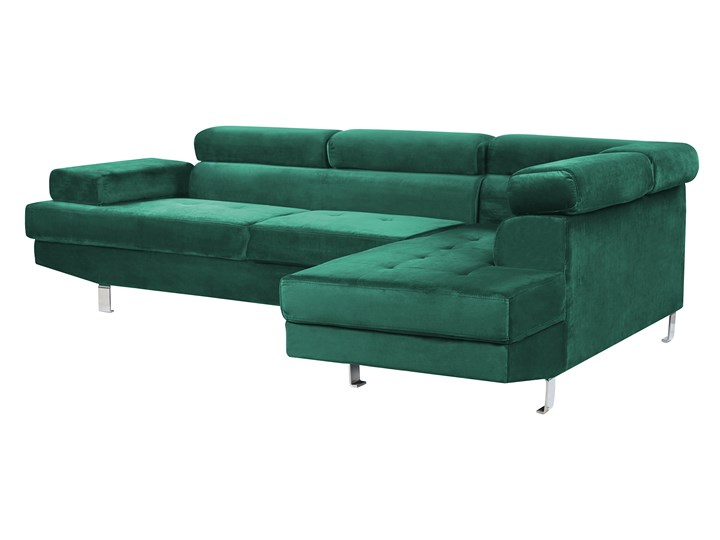 Narożnik lewostronny zielony tapicerowany welurem 5 osobowa sofa z regulowanymi zagłówkami kanapa do salonu Styl Nowoczesny