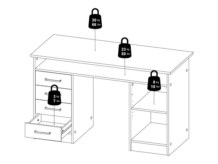 Białe biurko komputerowe z szafką i szufladami Function 4S1D Głębokość 55 cm Biurko tradycyjne Metal Biurko z nadstawką Szerokość 126 cm Styl Nowoczesny
