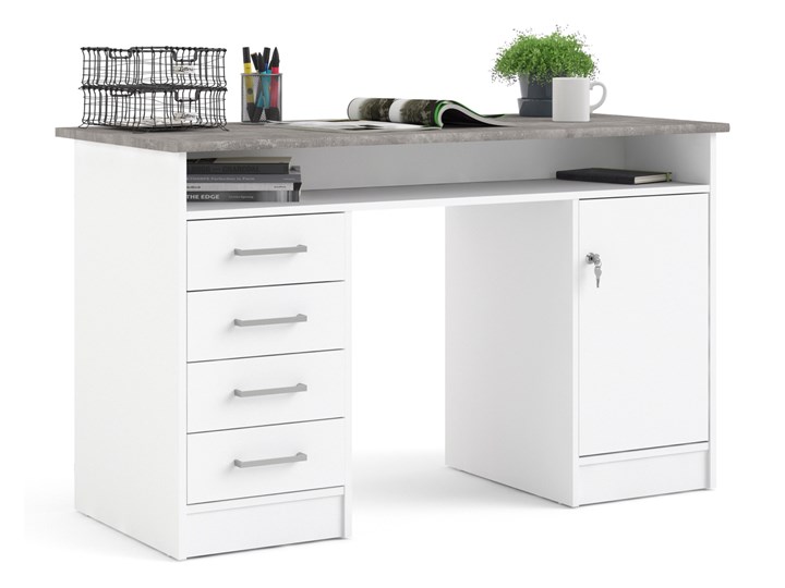 Białe biurko komputerowe z szafką i szufladami Function 4S1D Szerokość 126 cm Biurko z nadstawką Biurko tradycyjne Głębokość 55 cm Metal Kolor Biały