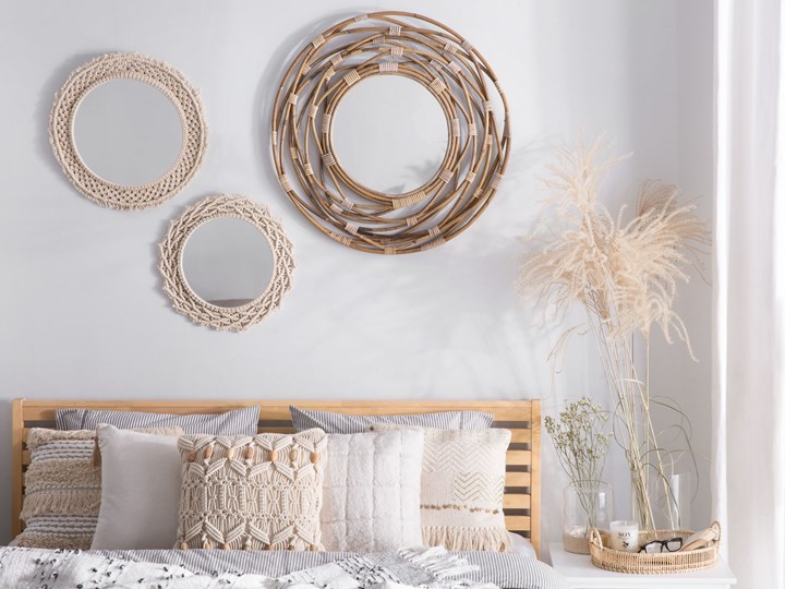 Lustro ścienne piaskowe rattanowe ø 75 cm dekoracyjne korytarz boho Pomieszczenie Sypialnia