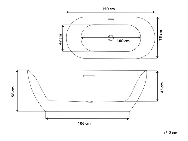 Wanna wolnostojąca czarna akrylowa 150 x 75 cm system przelewowy owalna nowoczesna Wolnostojące Kolor Czarny
