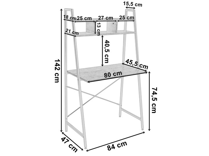Biurko loftowe z półkami industrialne loftowe Arvika Szerokość 84 cm Głębokość 47 cm Szerokość 80 cm Metal Stal Głębokość 84 cm Głębokość 80 cm Styl Industrialny