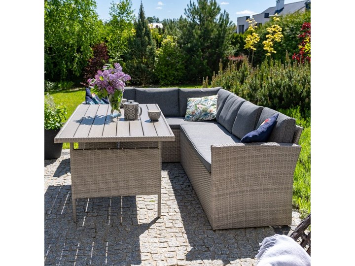 ELEGANCKI ZESTAW MEBLI OGRODOWYCH Rattan Liczba miejsc Pięcioosobowy Zestawy wypoczynkowe Stal Technorattan Zawartość zestawu Stół