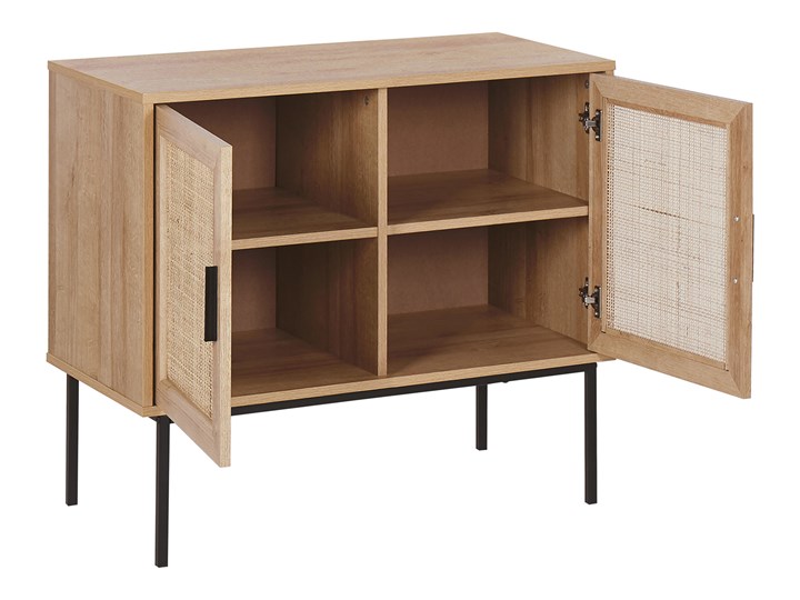 Komoda dwudrzwiowa jasne drewno rattanowy front 72 x 80 cm boho plecionka metalowe nogi Pomieszczenie Sypialnia Z szafkami Styl Nowoczesny