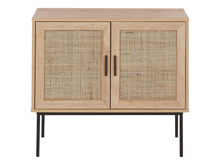 Komoda dwudrzwiowa jasne drewno rattanowy front 72 x 80 cm boho plecionka metalowe nogi Z szafkami Pomieszczenie Salon