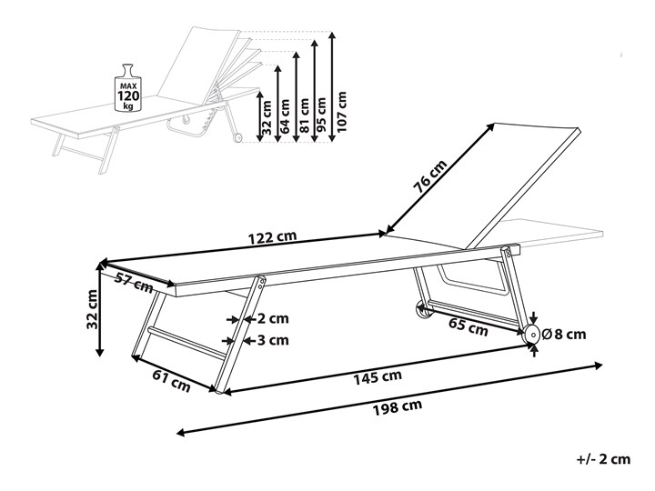 Leżak ogrodowy czarny aluminium i siatka 198 x 61 cm regulowany zagłówek z kółkami ogród patio Styl Nowoczesny Z regulowanym oparciem Kategoria Leżaki ogrodowe