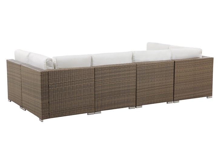 Zestaw mebli ogrodowych brązowy technorattan białe poduszki 6-osobowa sofa narożna stolik kawowy ze szklanym blatem Zawartość zestawu Narożnik Aluminium Zestawy modułowe Zestawy wypoczynkowe Zestawy kawowe Kolor Biały