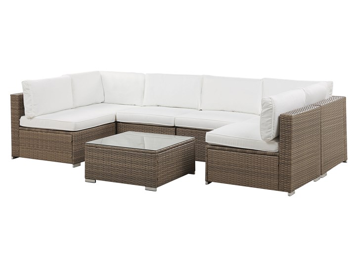 Zestaw mebli ogrodowych brązowy technorattan białe poduszki 6-osobowa sofa narożna stolik kawowy ze szklanym blatem Zestawy wypoczynkowe Zestawy modułowe Zestawy kawowe Aluminium Zawartość zestawu Narożnik