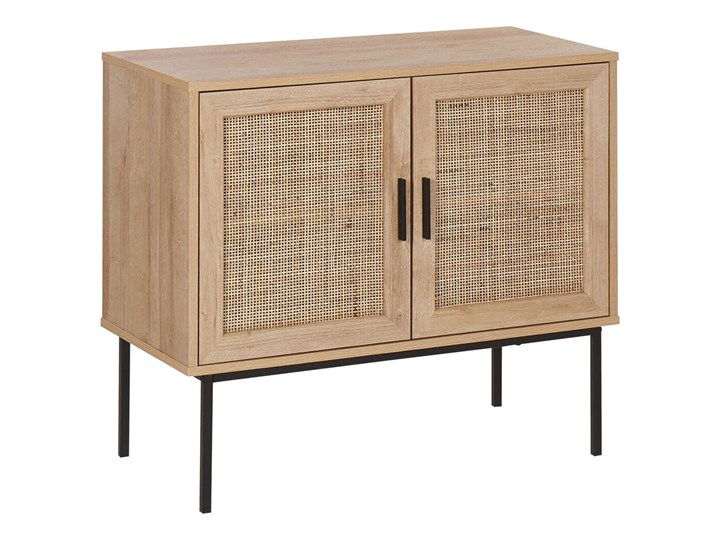 Komoda dwudrzwiowa jasne drewno rattanowy front 72 x 80 cm boho plecionka metalowe nogi