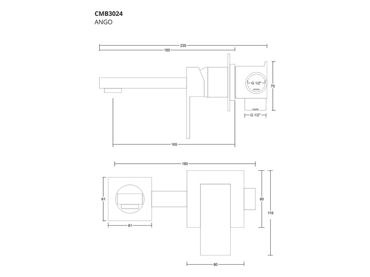 Bateria umywalkowa podtynkowa Corsan CMB3024BL czarna z wylewką Kolor Czarny Bateria ścienna Kolor Srebrny