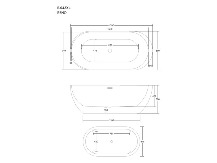 Wanna wolnostojąca Corsan E042 Reno 170 cm Stal Wolnostojące Akryl Kategoria Wanny