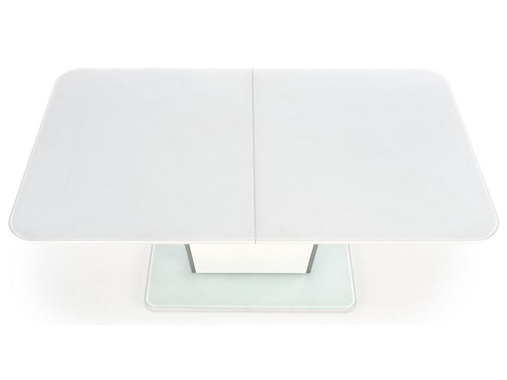 Biały stół rozkładany Bonari z chromowanymi wstawkami Szerokość 90 cm Szerokość 160 cm Długość 160 cm  Wysokość 60 cm Płyta MDF Szkło Metal Długość 200 cm  Rozkładanie