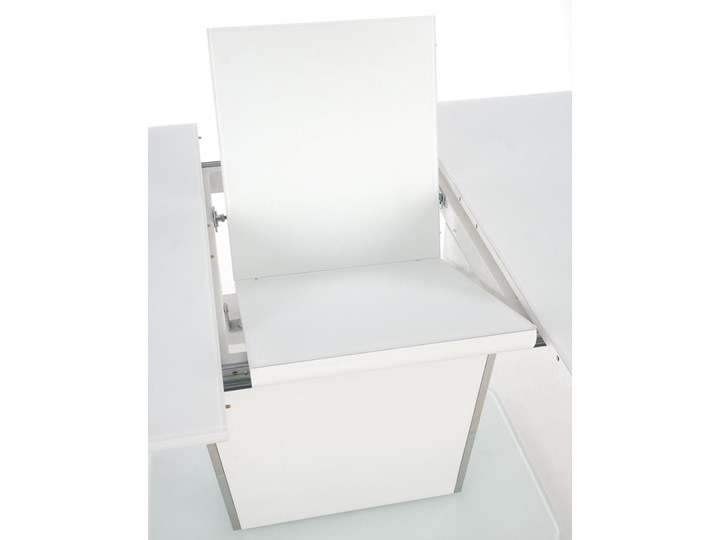 Biały stół rozkładany Bonari z chromowanymi wstawkami Rozkładanie Szkło Metal Wysokość 60 cm Szerokość 160 cm Płyta MDF Długość 200 cm Długość 160 cm Szerokość 90 cm Rozkładanie Rozkładane