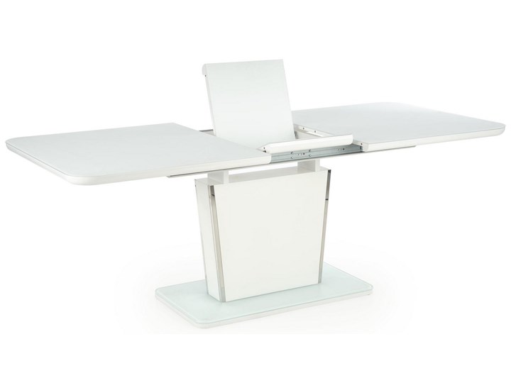 Biały stół rozkładany Bonari z chromowanymi wstawkami Wysokość 60 cm Szkło Szerokość 160 cm Długość 200 cm  Szerokość 90 cm Płyta MDF Metal Długość 160 cm  Styl Glamour