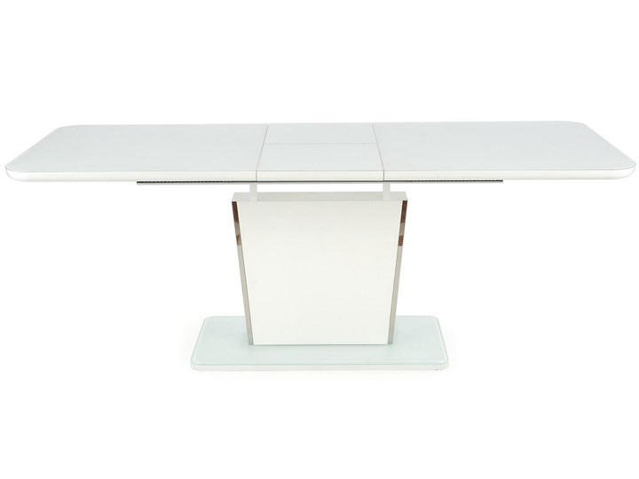 Biały stół rozkładany Bonari z chromowanymi wstawkami Szerokość 90 cm Kategoria Stoły kuchenne Długość 200 cm  Długość 160 cm  Płyta MDF Szkło Metal Szerokość 160 cm Wysokość 60 cm Rozkładanie Rozkładane
