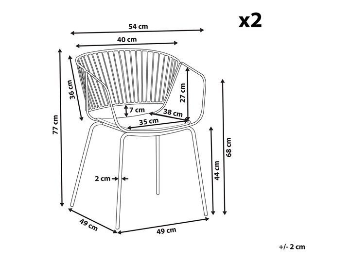 Zestaw 2 krzeseł miedzianych metalowych z czarnymi poduszkami na siedzisko z ekoskóry styl nowoczesny Szerokość 54 cm Głębokość 49 cm Skóra Tworzywo sztuczne Wysokość 77 cm Skóra ekologiczna Pomieszczenie Salon