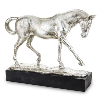 HORSE figurka srebrny koń na czarnym podstawku, 33x38x12 cm