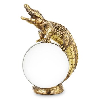 KROKODYL figurka złoty krokodyl siedzący na kryształowej kuli, 17x12x9 cm