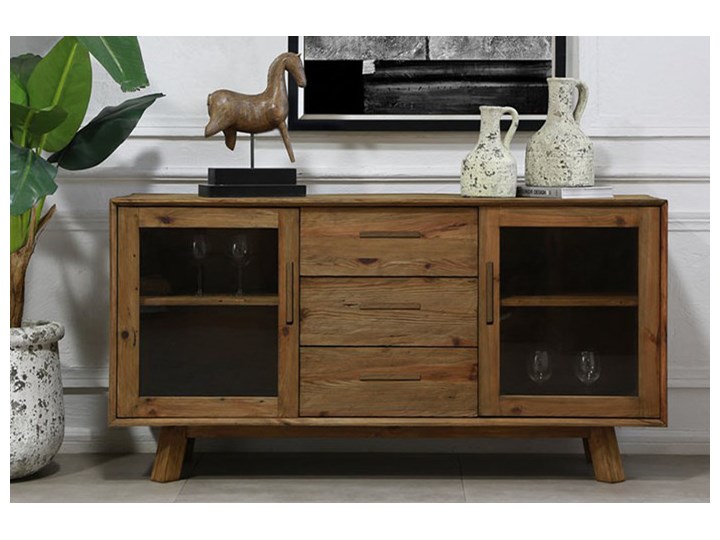 Komoda drewniana Daylight, przeszklona Z witrynami Wysokość 85 cm Szerokość 160 cm Sosna Drewno Głębokość 48 cm Styl Nowoczesny
