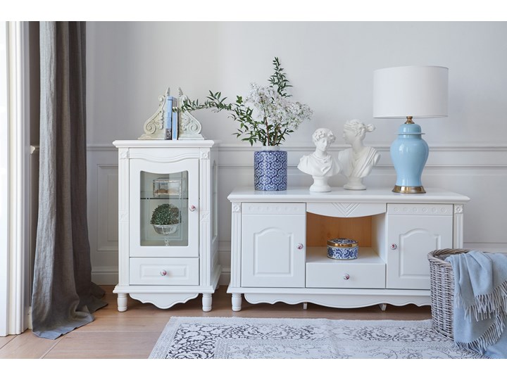 Niska witryna do salonu MARY biała Szkło Głębokość 48 cm Drewno Kolor Biały Płyta laminowana Szerokość 80 cm Wysokość 80 cm Płyta MDF Wysokość 50 cm Kategoria Witryny
