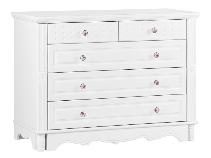 Komoda biała 5 szuflad Lily, wymiary 100x46x75 cm Szerokość 100 cm Głębokość 46 cm Drewno Z witrynami Pomieszczenie Sypialnia