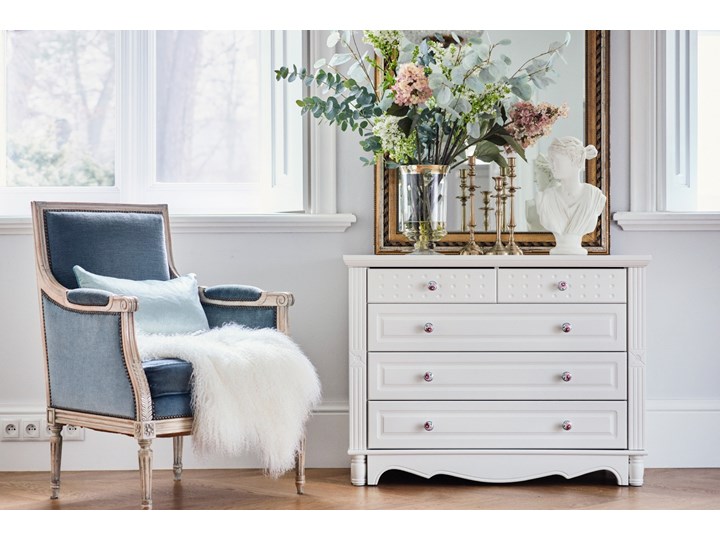 Komoda biała 5 szuflad Lily, wymiary 100x46x75 cm Głębokość 46 cm Z witrynami Drewno Szerokość 100 cm Kolor Biały