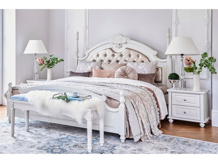 Białe łóżko Arabella, tapicerowane Ekoskóra Drewno Łóżko pikowane Łóżko tapicerowane Tkanina Zagłówek Z zagłówkiem