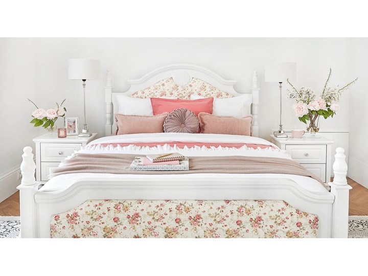 Białe łóżko 160x200 Rose, tapicerowane, wzór w drobne kwiaty Łóżko pikowane Łóżko tapicerowane Drewno Tkanina Kolor Biały